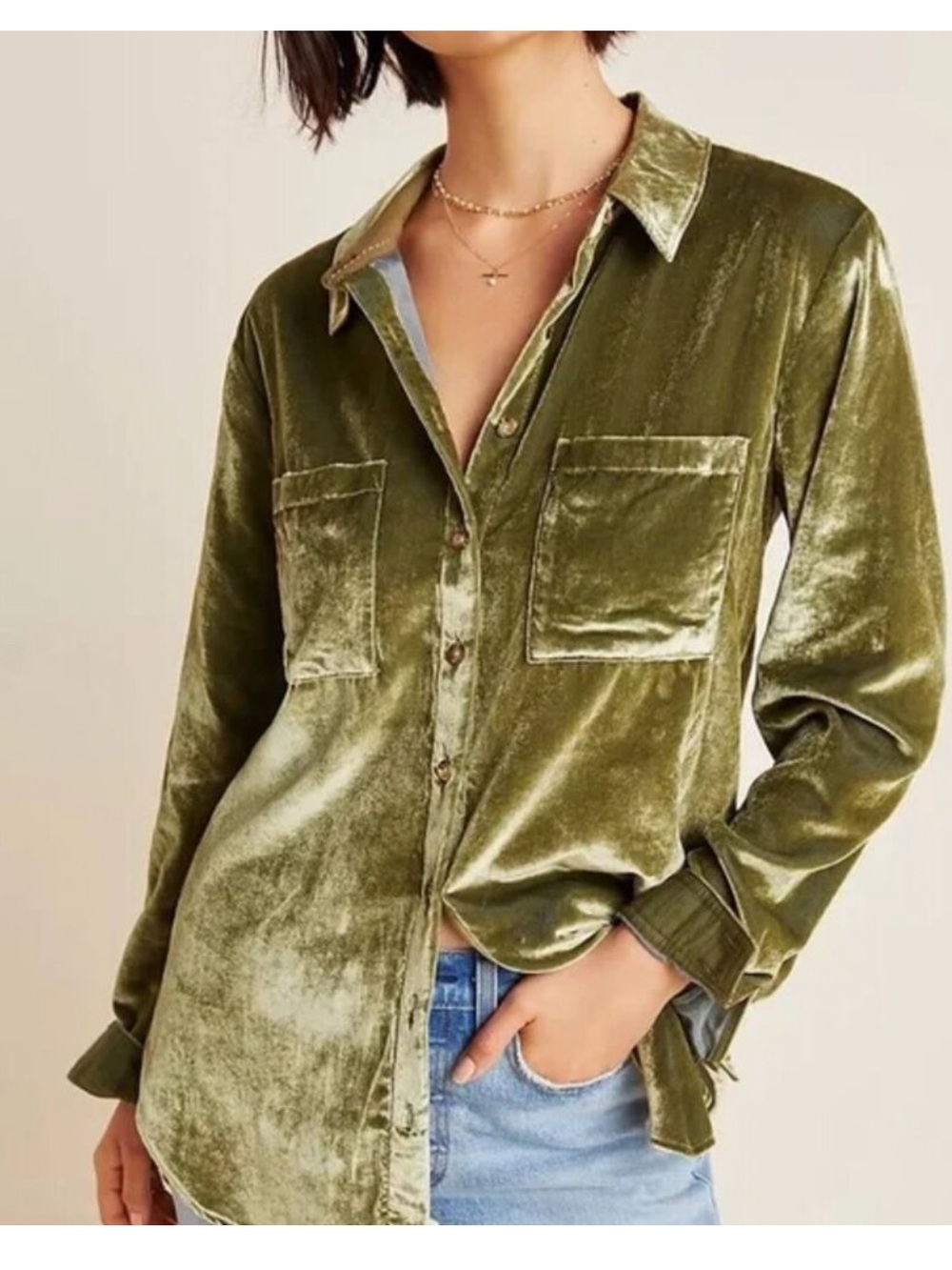 Anthropologie Maeve Karina Green Velvet Button Down Top 16W Fairy Woodland Mossy